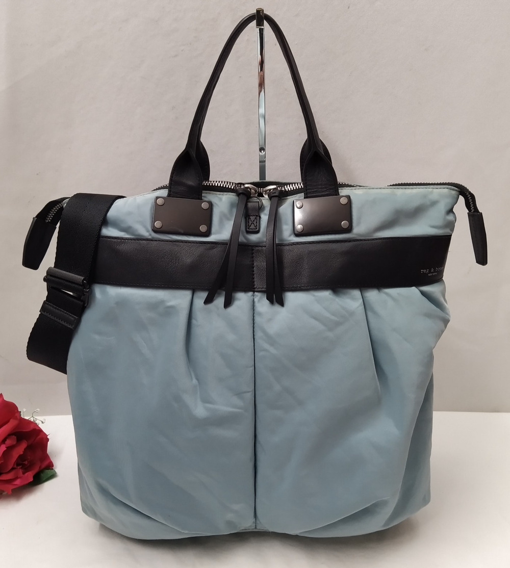 rag & bone Blue Nylon Leather Pocket Zipper Closure Satchel Shoulder Bag - $550
